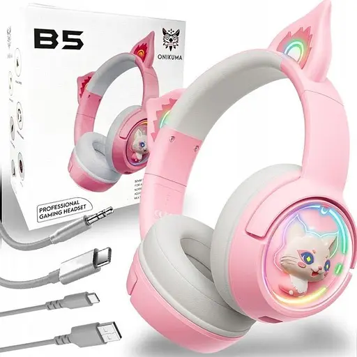 Дитячі ігрові бездротові Bluetooth навушники Onikuma B5 з RGB підсвічуванням і вбудованим мікрофоном Рожевий - фото 3