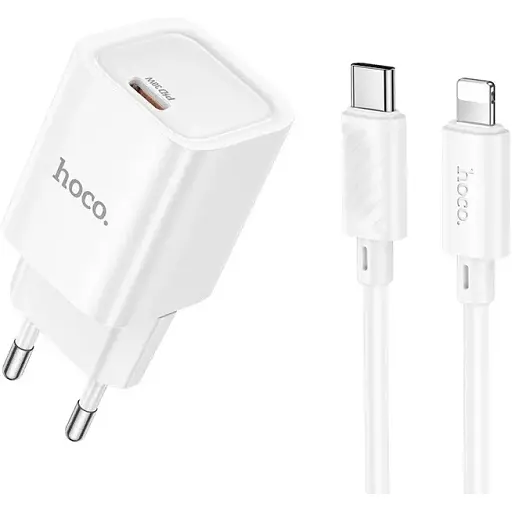 Сетевое зарядное устройство с кабелем Hoco C148A Charm single port PD30W charger set (C to iP) (EU) белый - фото 1