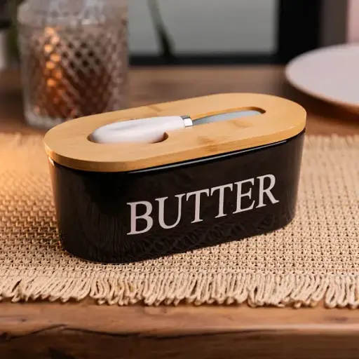 Маслянка порцелянова Yiwu з бамбуковою кришкою та ножем для масла чорний CYT-B - фото 2