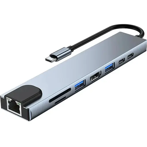 Хаб Usb GTL 8-in-1, Grey, Type-C 3.1 - 1xType-C (100 Вт) / 1xType-C 2.0 / 1xUsb 3.0 / 1xUsb 2.0 / HDMI / GLan / microSD / SD - фото 1
