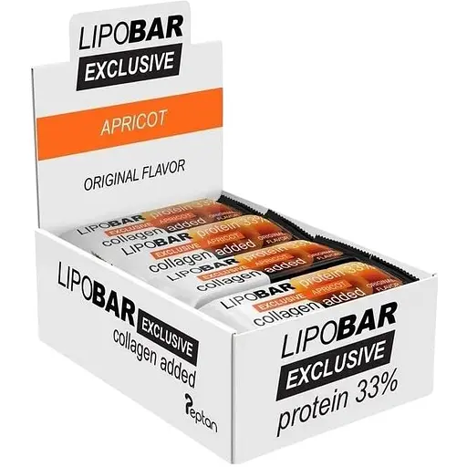 Блок батончиків LipoBar Exclusive Protein Bar, 20*50 грам збагачений біоактивним колагеном Peptan - Абрикос