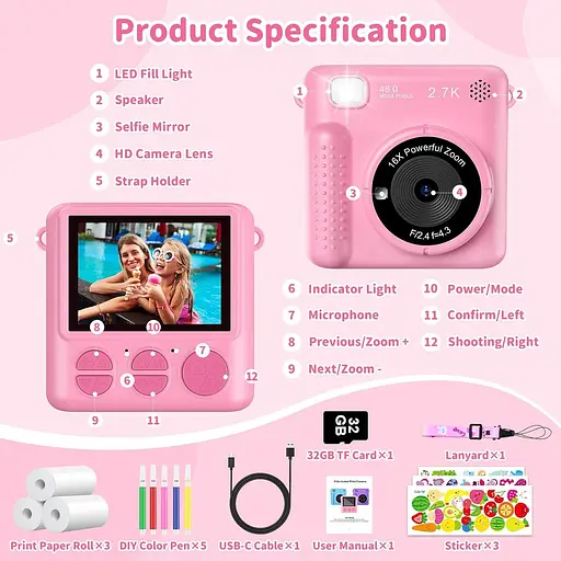 Дитяча камера Миттєвий друк, 2,4-дюймовий 1080P HD Цифрова камера для дітей з папером для друку та карткою 32G - фото 5