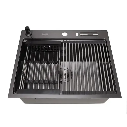 Кухонна мийка чорна з нержавіючої сталі 1.5 мм багатофункціональна накладна Nett NB-5747, Чорний - фото 4