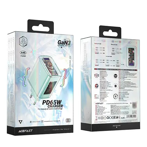 Мережевий зарядний пристрій Acefast A45 USB/2 Type-C QC PD PD65W GaN бірюзовий - фото 6