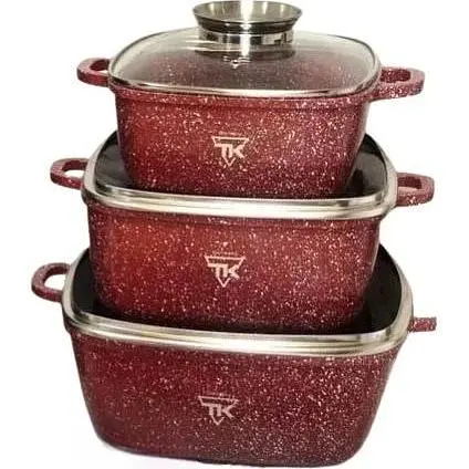 Набор квадратных кастрюль Top Kitchen TK00025 с мраморным покрытием 6 предметов Красный - фото 1