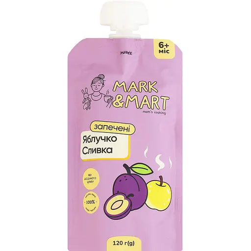 Пюре фруктовое Mark&Mart Запеченное яблочко и сливка без сахара для детей гомогенизированное стерилизованное 120 г