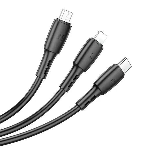 Кабель BOROFONE BX71 USB to iP+Type-C+Micro 2A, 1m, PVC, PVC connectors, Black - фото 1
