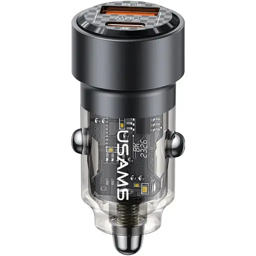 Автомобильное зарядное устройство для Usams US-CC208 C39 60W A+C Dual Port Aluminum Transparent Fast Charging Car Charger Черный - фото 1
