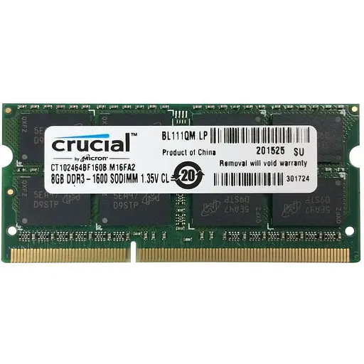 Оперативна пам'ять для ноутбука Crucial SO-DIMM DDR3 8GB 1600MHz PC3L-12800 2Rx8 Б/В