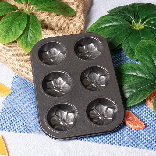 Форма для выпечки кексов и маффинов на 6 ячеек с антипригарным покрытием "Цветы №2" 26.5х18.5х2.8 см, A-plus Черный 85660 - фото 3