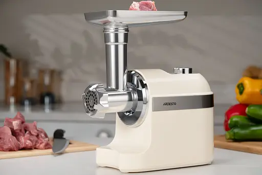 ARDESTO М'ясорубка, 1800Вт, 2кг/хв, 3 решітки, насадка для ковбас, кеббе, пластик, бежево-сріблястий - фото 6