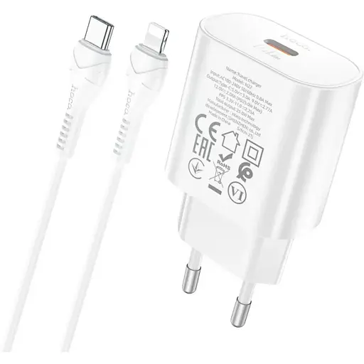 Мережевий зарядний пристрій Hoco N22 Type-C PD 25W білий + кабель Type-C to Lightning - фото 1
