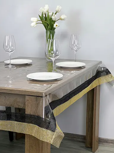 Скатерть силиконовая с черно-золотой стразовой лентой 340х130 см - фото 5