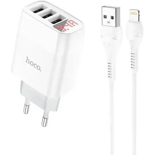 Блок зарядний набір Hoco Easy charge C93A Lightning cable 3USB білий - фото 1