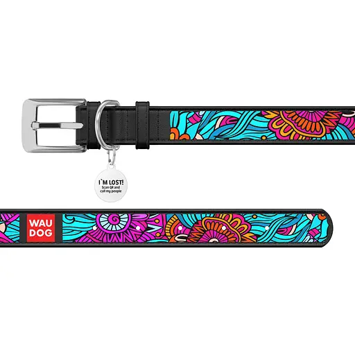 Ошейник для собак кожаный Waudog Design с QR-паспортом "Лето" S Ш 15 мм Д 26-35 см черный - фото 3