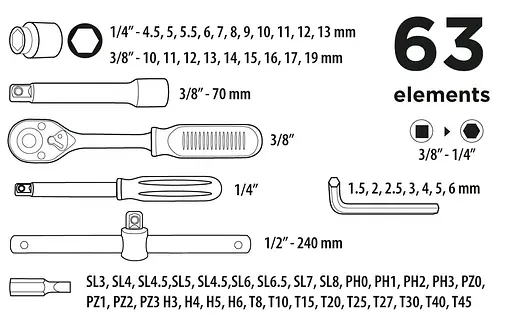 Набор инструментов Top Tools 3/8" 63 шт. (38D515) - фото 3