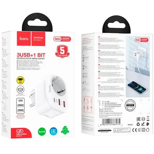Мережевий фільтр HOCO NS3 на 1 розетку + 2 USB + USB-C, 20W, 220В, White - фото 4