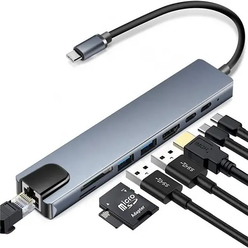 Хаб концентратор 8 к 1 USB Type-C переходник HDMI SD TF RJ45 