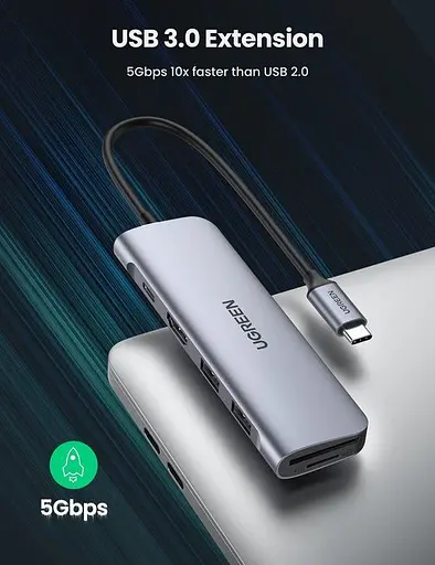 USB-хаб Ugreen 6 в 1 USB-C / 2xUSB 3.0 / 4K HDMI / TF / SD (70411) [63379] - фото 3