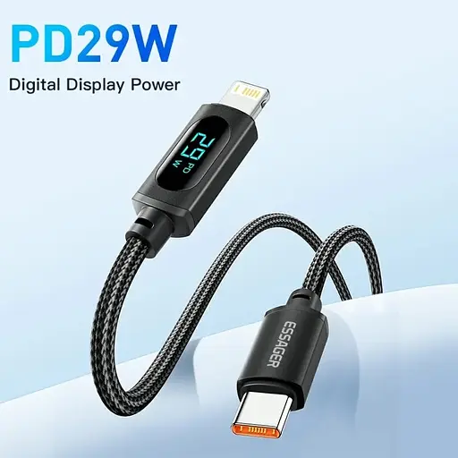 Кабель Essager Enjoy LED Digital Display USB Charging Cable Type C to Lightning 29W 1 м чорний (EXCTL-XY01-P) - фото 2