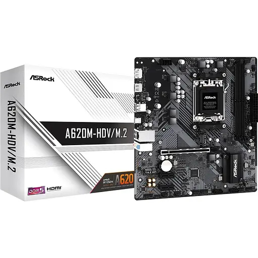 Материнская плата ASRock AM5 A620M-HDV/M.2, A620, 2xDDR5, Int.Video (CPU), 2xSATA3, 2xM.2, 1xPCI-E 4.0 16x, 2xPCI-E 3.0 1x, 1x, 1x RTL8111H, 5xUSB3.2/6xUSB2.0, Type-C, HDMI/DP, Micro ATX - фото 2