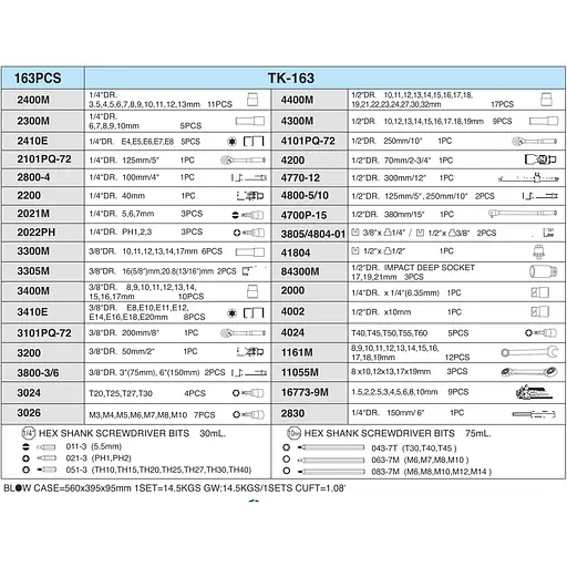Набір інструментів Hans 1/4, 3/8, 1/2, 163 предмети (ТК-163-12) - фото 10