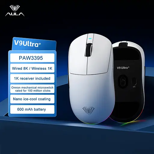 Игровая беспроводная мышка Aula V9 Ultra+ / Три режима подключения / Сенсор PAW3950 / 30000 DPI / White - фото 2