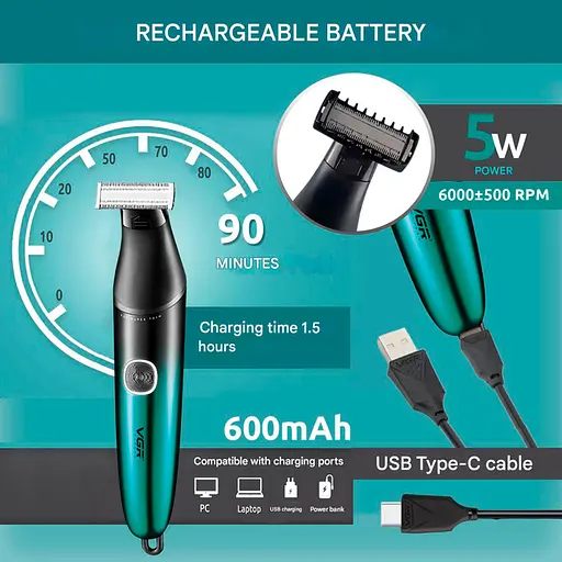 Бритва триммер для стрижки бороды и усов VGR V-339 для окантовки контурной стрижки 4 насадки IPX7 Зеленый 5 Вт - фото 5