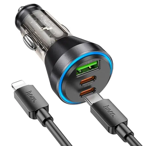 Зарядное устройство - Автоадаптер на 3 выхода - Hoco NZ12D Lucky 60 W с кабелем USB-C - Lightning - фото 2