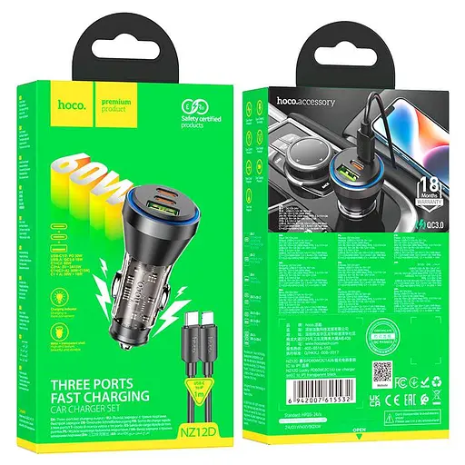 Зарядное устройство - Автоадаптер на 3 выхода - Hoco NZ12D Lucky 60 W с кабелем USB-C - Lightning - фото 4