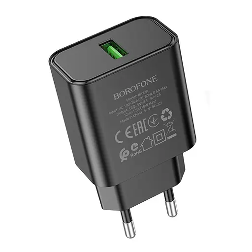 Зарядное устройство для Borofone BA72A USB QC 18W черный. - фото 1