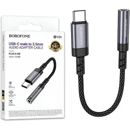 Перехідник Borofone BV24 Type-C/3.5 мм довжина кабелю 0.15 м матеріал TPE сірий