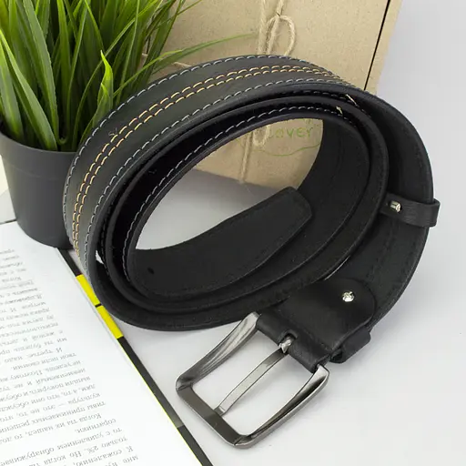 Ремень мужской кожаный черный SF-4001 (125 см) винтажный со строчкой - фото 5