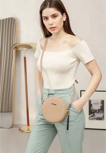 Кругла жіноча шкіряна сумочка Tablet світло-бежева - фото 8