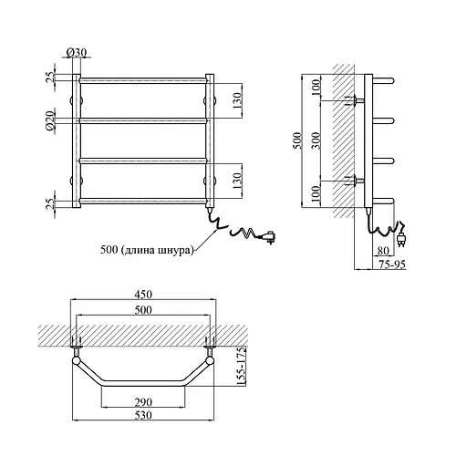 Рушникосушарка електрична Kroner Трапеція ДТ06ER 500x500/4 ER CV026136, Хром, Праве - фото 2
