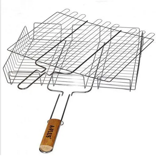 Большая решетка для гриля и барбекю с бортами A-PLUS 1895 42*32*7,5 с ручкой из дерева - фото 3