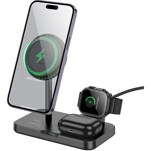Бездротовий зарядний пристрій Hoco CQ12 Joyfull 3-in-1 wireless fast charger Чорний - фото 1