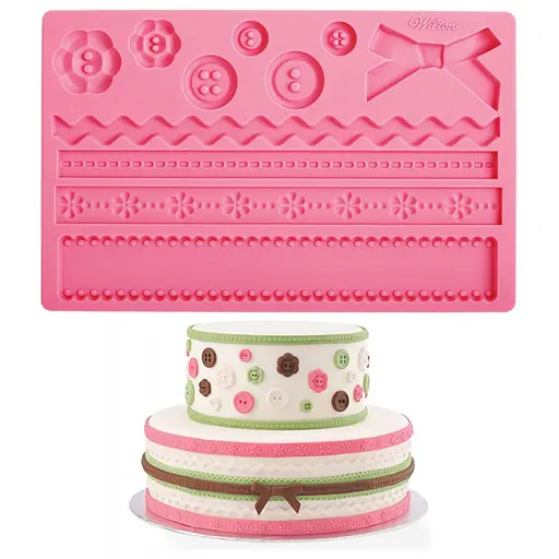 Молд силіконовий кондитерський для мастики та шоколаду Гудзики бантики та бордюри 19x12 см, Kitchen Master Рожевий 87473 - фото 1