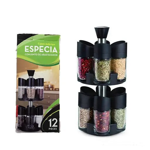 Набор из 12 стеклянных баночек для специй и приправ на вращающейся подставке 360 градусов, дозатор 3 режима Черный 88203 - фото 5