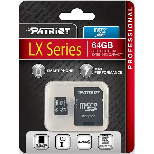 Карта памяти Patriot 64Gb microSDXC LX + SD-adapter (PSF64GMCSDXC10) - фото 2