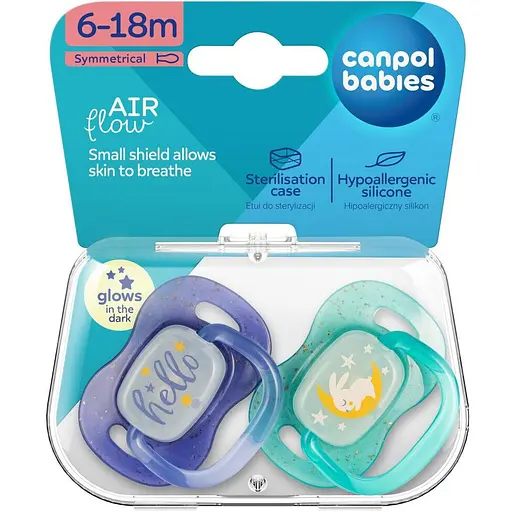 Пустышка силиконовая симметричная Canpol babies NightGlow 6-18 месяцев 2 шт. синяя (34/943_blu) - фото 6