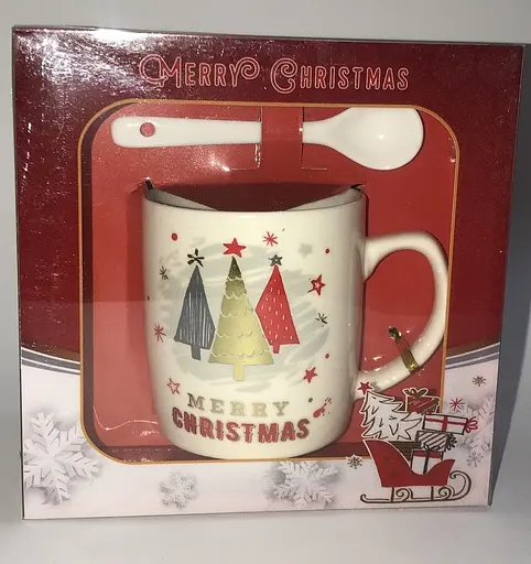 Кружка новогодняя с елками с ложечкой чашка в коробке Gee! - фото 2