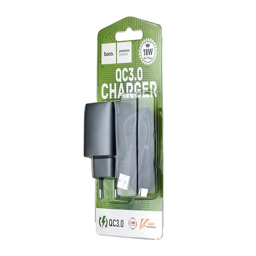 Мережевий зарядний пристрій Hoco C72Q Glorious single port QC3.0 charger set ( Type-C ) ( EU ) Чорний - фото 2