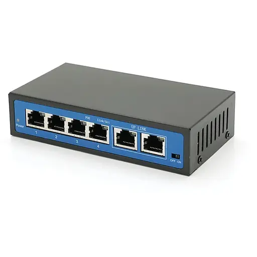 Комутатор POE 48V з 4 портами POE 100Мбіт + 2 порт Ethernet (UP-Link) 100Мбіт, корпус - метал, Black, БП у комплекті, Q18