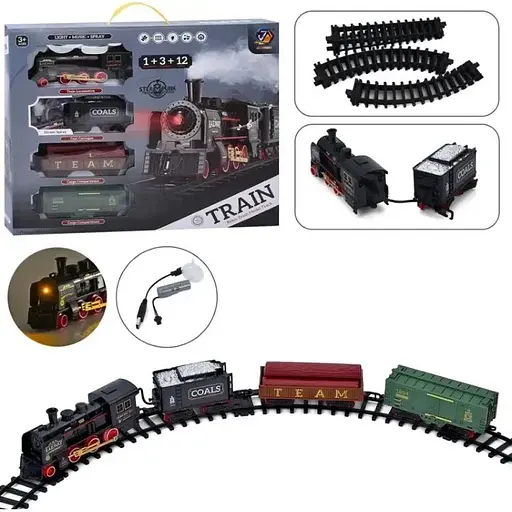 Залізниця ББ 652 16 елементів 2 вантажні вагони звук підсвічування пар в коробці на акумуляторі Чорний - фото 1