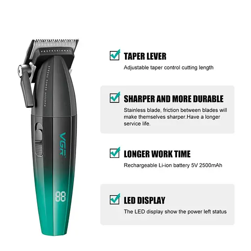 Машинка для стрижки VGR V-003 Turbo режим 9000 RPM керамічне лезо (6 насадок) Зелений - фото 3