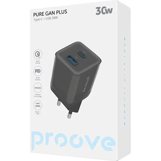 Мережевий зарядний пристрій Proove Pure GaN Plus 30W USB-C/USB-A Black (WCPU30111201) [130264] - фото 2