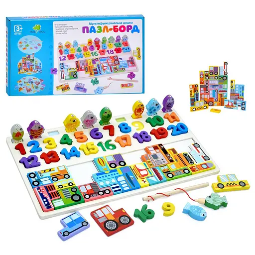 Деревянная игрушка Центр развивающий "Пазл-борд" Limo Toy MD 1981 цифры, фигурки - фото 1