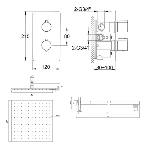 Душова система Kohlman Excelent 20 chrome з термостатом + BOX прихованого монтажу KPL-QW431HQ20, Хром - фото 2