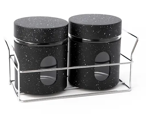 Набор емкостей для приправ A-Plus 2шт с подставкой баночки из стекла 80 мл подставка металл Черный мрамор - фото 1